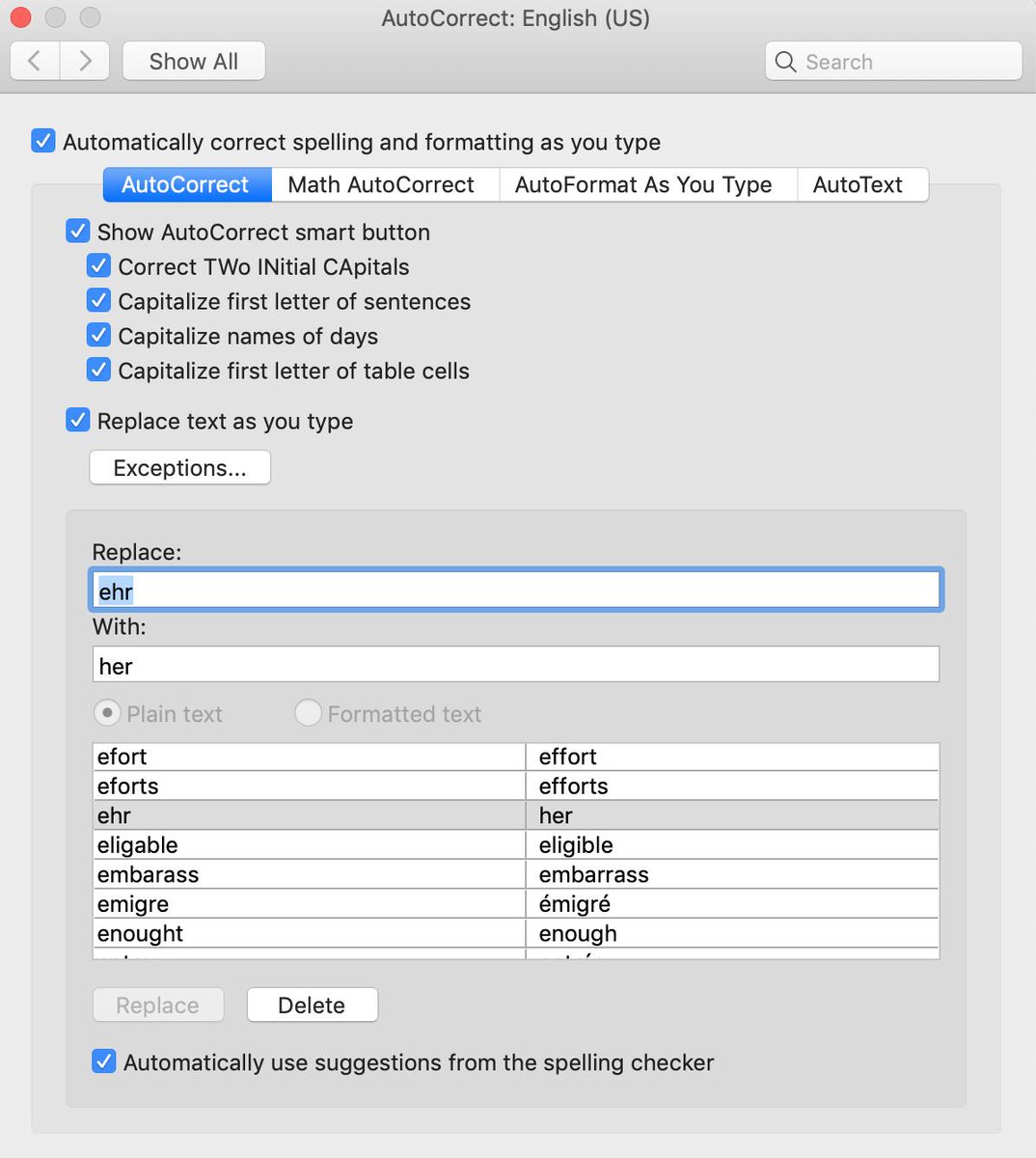 melissaywei's tweet photo. How to stop Word from autocorrecting “EHR” to “HER”
Tools -> Autocorrect -> scroll through “Replace: -> With:” -> Locate “ehr” to her” -> Delete #researchhacks #lifechanginghacks https://t.co/LMhyNRJoao