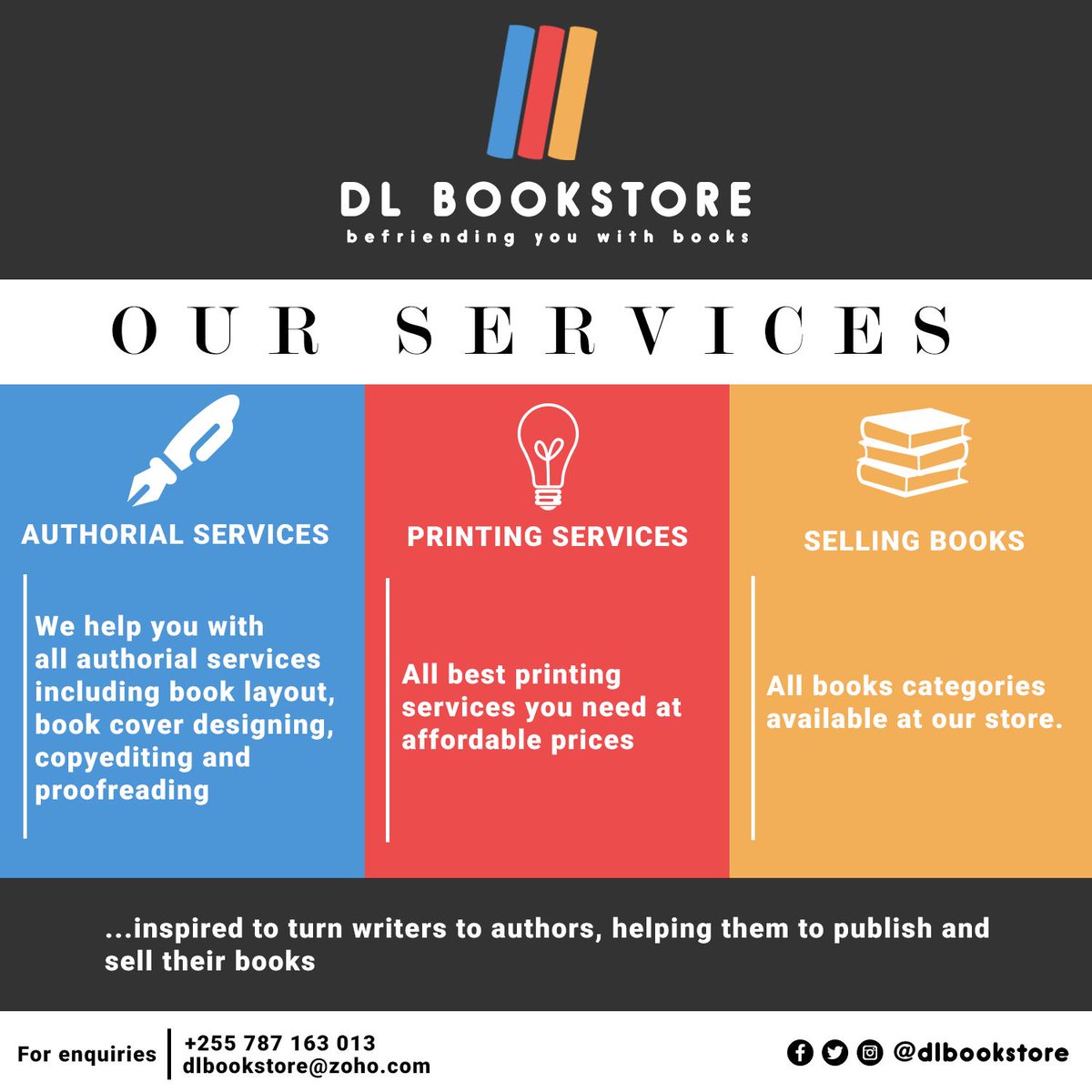 Inspired to turn writers to authors, helping them to  publish and sell their books. For enquiries | +255 787 163 013.
.
.

#bookstagram #book_readers #services #dlbookstore #books #bookworms #printingbooks #authorhangout #authorial #sellingbooks #writers #authors