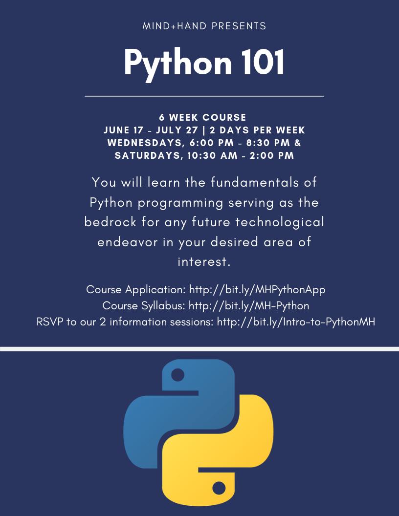 MindandHandChi's tweet photo. Interested in Python? We will be hosting an Intro to Python course this summer!

Why is Python so interesting in today's digital world? Well for starters, popular sites like @Google, @instagram, @Pinterest. @reddit, and @Dropbox were all built using Python! 

Link in our bio! https://t.co/STlbmeCzuq