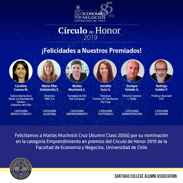 AlumniSC's tweet photo. [ALUMNI DESTACADO]

MATÍAS MUCHNICK CRUZ - CLASS 2006: Círculo de Honor 2019. https://t.co/iB9vu1GeC4