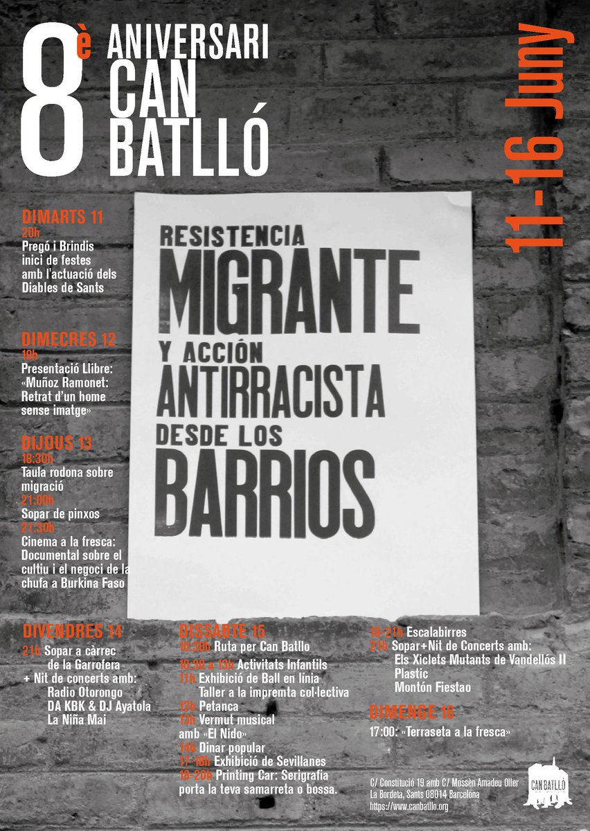 CanBatllo's tweet photo. Arriba l'aniversari de l'EVA Can Batlló! #8anysCB
Xerrades, projeccions, rutes, concerts, escalabirres, àpats...
No t'ho pots perdre!
#Bordeta #Sants #Hostafrancs #Barcelona https://t.co/6s5aG6zgaH