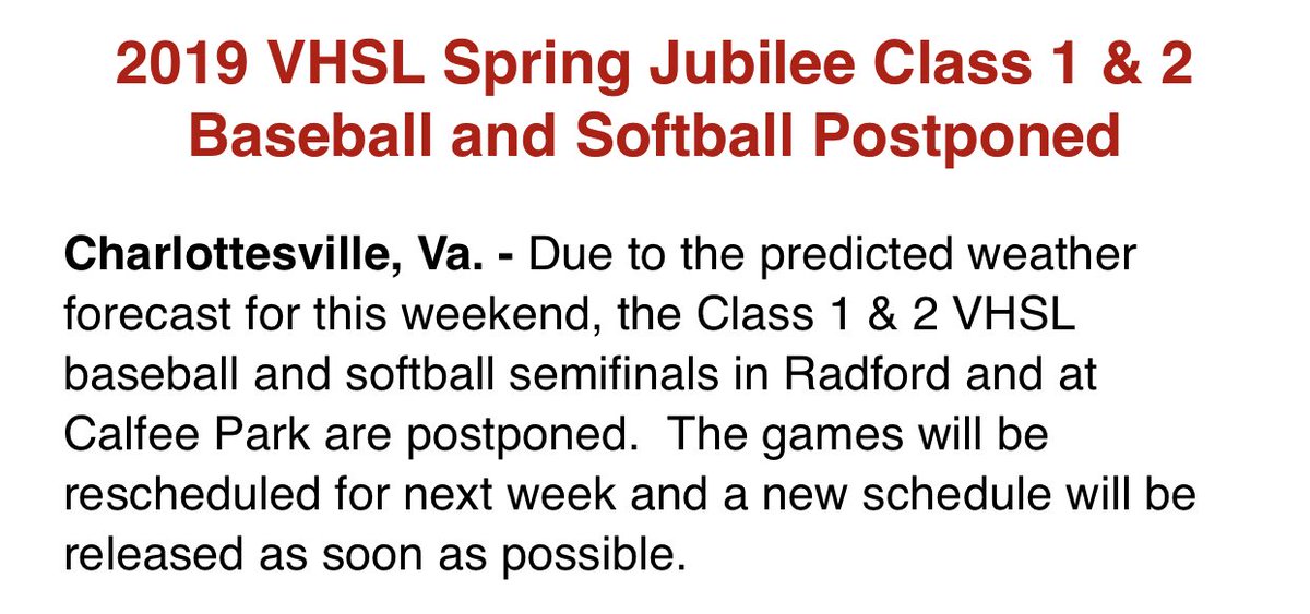 VTCody's tweet photo. ...@VHSL_ now announces that the Class 2 baseball and softball semifinals, including both @PageCountyHS teams, are moved to next week. This is wild. https://t.co/Qg99r9NERH