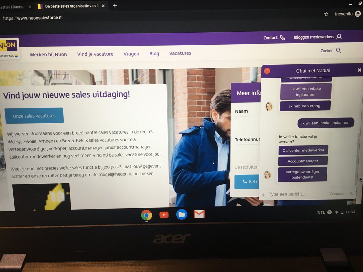 aaltjevincent's tweet image. Vandaag gezien 2. @RecrTech: werken bij @Nuon, dan kun je chatten met chatbot Nadia (techniekleverancier is @Joboti) en na een paar vragen jezelf metéén inplannen voor de kennismaking met de recruiter! 

Wat vind je hiervan? Handig 😀? #solliciteren