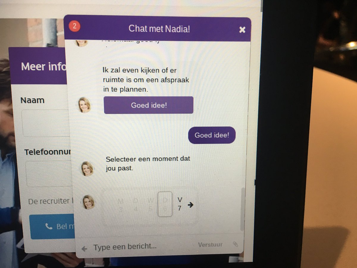 aaltjevincent's tweet image. Vandaag gezien 2. @RecrTech: werken bij @Nuon, dan kun je chatten met chatbot Nadia (techniekleverancier is @Joboti) en na een paar vragen jezelf metéén inplannen voor de kennismaking met de recruiter! 

Wat vind je hiervan? Handig 😀? #solliciteren
