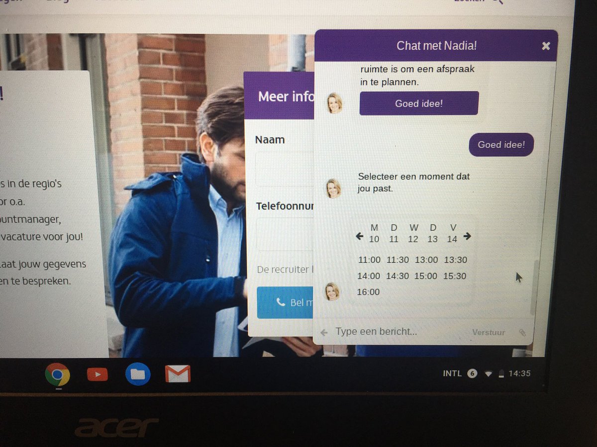 aaltjevincent's tweet image. Vandaag gezien 2. @RecrTech: werken bij @Nuon, dan kun je chatten met chatbot Nadia (techniekleverancier is @Joboti) en na een paar vragen jezelf metéén inplannen voor de kennismaking met de recruiter! 

Wat vind je hiervan? Handig 😀? #solliciteren