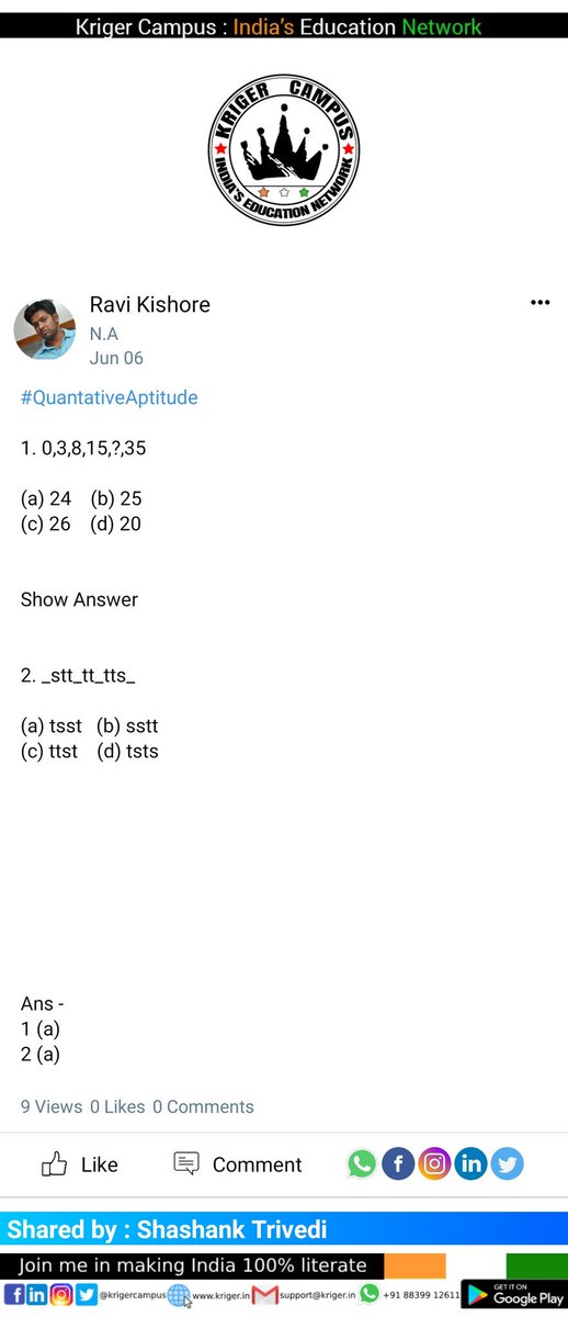 MalhotraTushita's tweet image. #QuantativeAptitude
1. 0,3,8,15,?,35

(a) 24    (b) 25
(c) 26    (d) 20

2. _stt_tt_tts_

(a) tsst   (b) sstt
(c) ttst    (d) tsts

 ...
Read more : kriger.page.link/iQhwwxEynQ5QC6…
Sign up to
Receive daily education news 
Connect with friends
Make or join pan INDIA study groups
