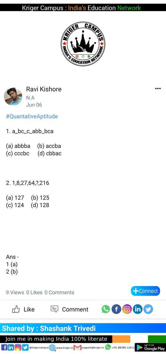 MalhotraTushita's tweet image. #QuantativeAptitude 
1. a_bc_c_abb_bca

(a) abbba    (b) accba
(c) cccbc     (d) cbbac

2. 1,8,27,64,?,216

(a) 127    (b) 125
(c) 124    (d) 1 ..
Read more : kriger.page.link/RLAGm5cP6377VF…
Sign up to
Receive daily education news 
Connect with friends
Make or join pan INDIA study groups