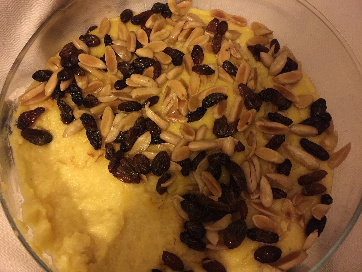 Parsi rava, sweet semolina pudding of custard-like comfort sprinkled with glazed almonds & sauteed raisins from my old tuition teacher Parveen Maneckji. Grew up on her dhaansaak as well after school. It is women like her who made me what I am today. #Eid2019 #Zoroastrian #Persian