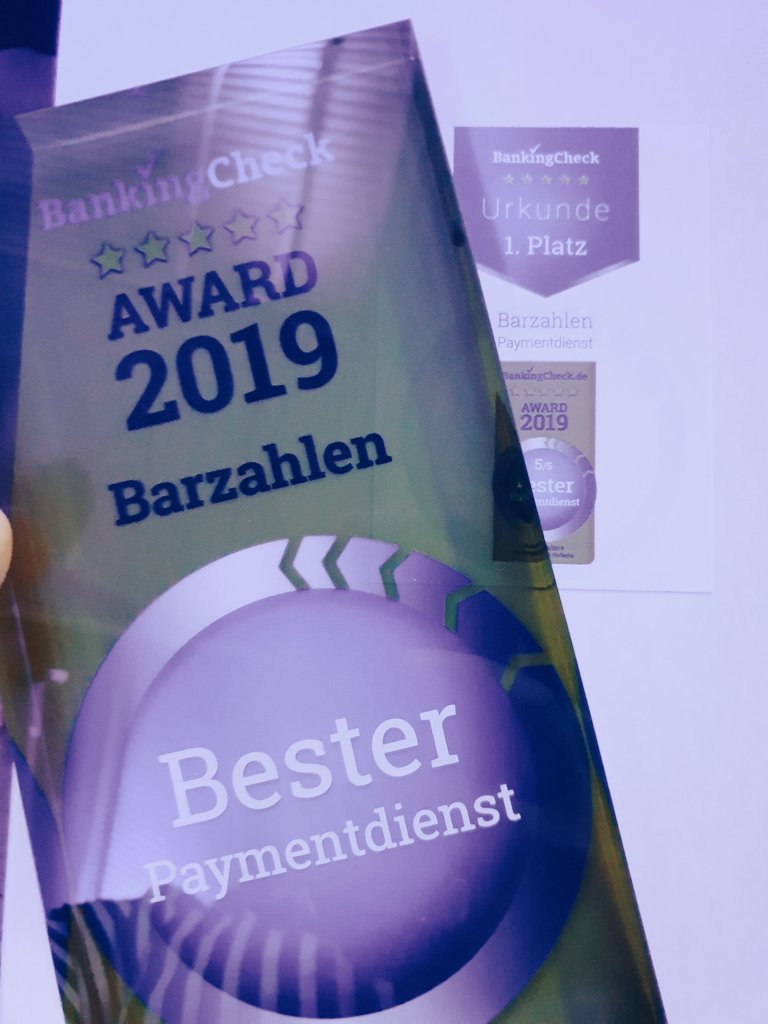 viafintech's tweet photo. @Barzahlen gewinnt den @BankingCheck Award als Bester Paymentdienst! #BIS19 https://t.co/72ksSckSrh
