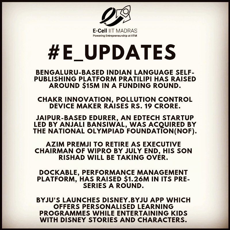 ecell_iitm's tweet photo. #E_Update by @ecelliitm
#startup #entrepreneurship #news #pratilipi #chakr #edurer #AzimPremji #wipro #BYJU #Disney #dockable https://t.co/2RgZ1QY4Ps