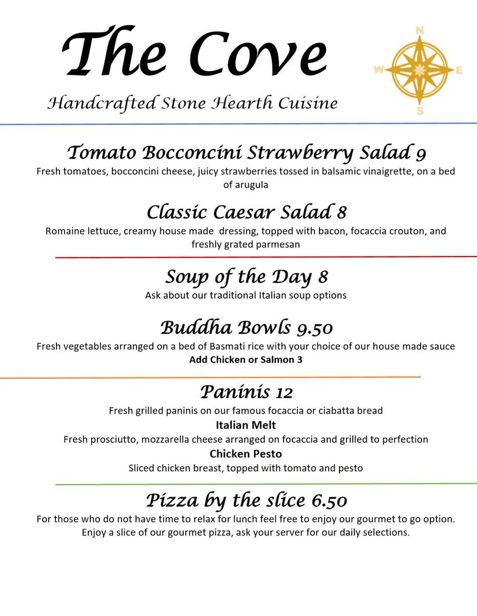 The Cove will start serving lunch just in time for this weekend. Starting tomorrow at 11!