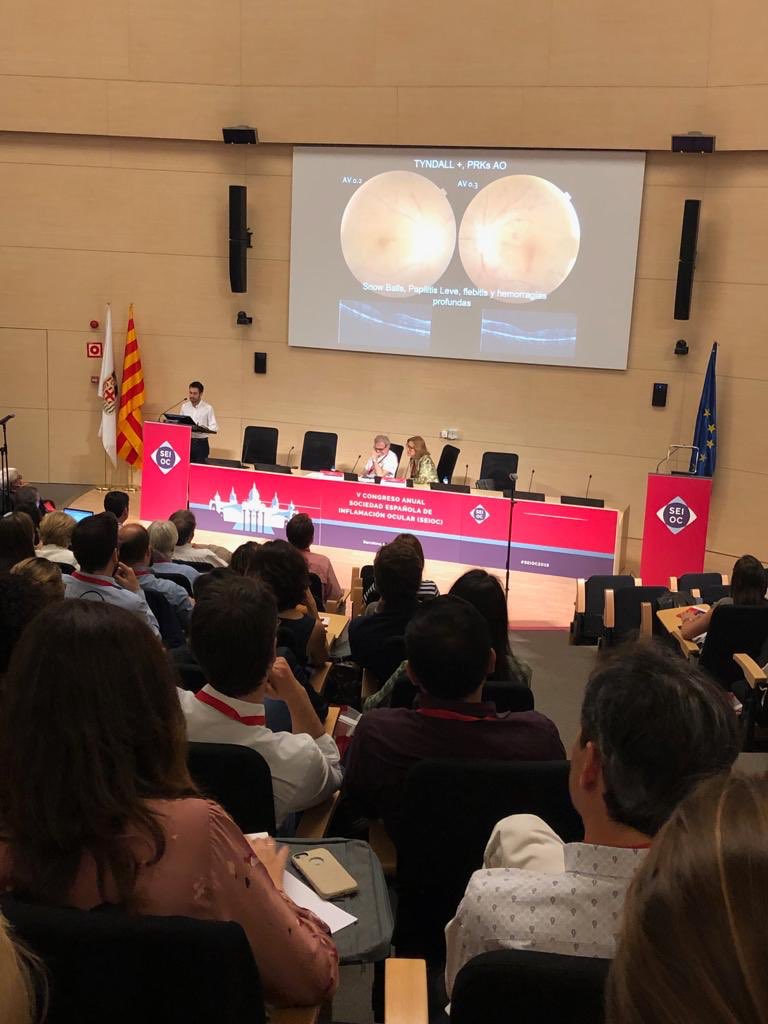 SEIO_uveitis's tweet photo. Desde el Hospital de Cruces (Bilbao), Carlos Cuadros nos presenta su comunicación sobre #Panuveitis con oclusiones vasculares retinianas asociada a encefalomielitia aguda diseminad por bartonell henselae.#uveítis #SEIOC2019 #inflamaciónocular #avancesoftalmología @UveitisCruces https://t.co/fgz8XM1Sse