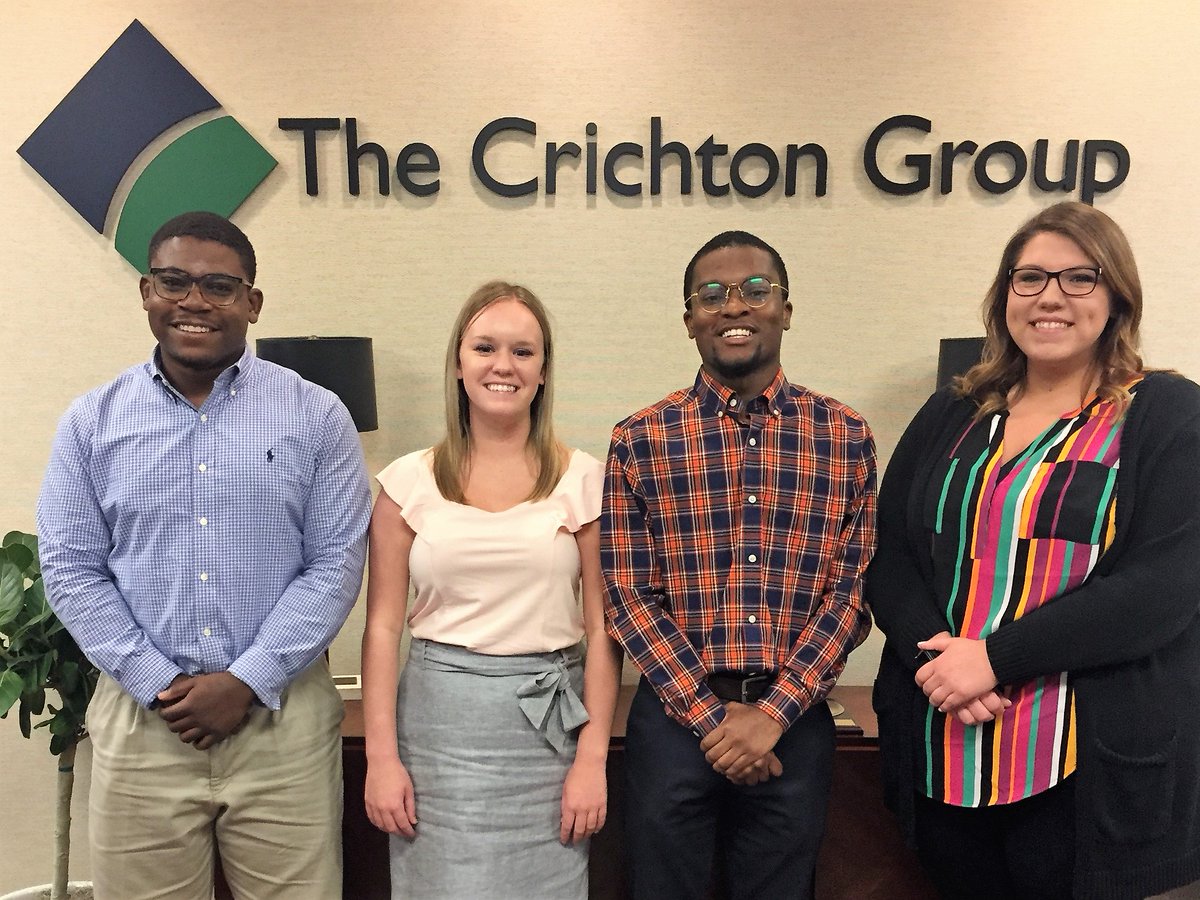 CrichtonGroup's tweet photo. Excited to have 4 summer interns on board! Justin Fletcher, IT intern who attends UAB, Hannah Janus from Ole Miss in our social services dept, William Chisholm from Appalachian State in risk mgmt, &amp; Jordan Lehman, a recent UTC grad in our benefits dept. 

Welcome to the team! https://t.co/GdjbHbfQeV