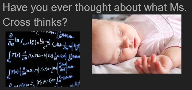 kcross34's tweet photo. End of the year memes using Google Slides! I love how they know I love to sleep and think about math at night! Math truly is always on my brain! <3 #CrossChronicles #CrossCoders #endofschool #memes https://t.co/Q0DRfmym2X