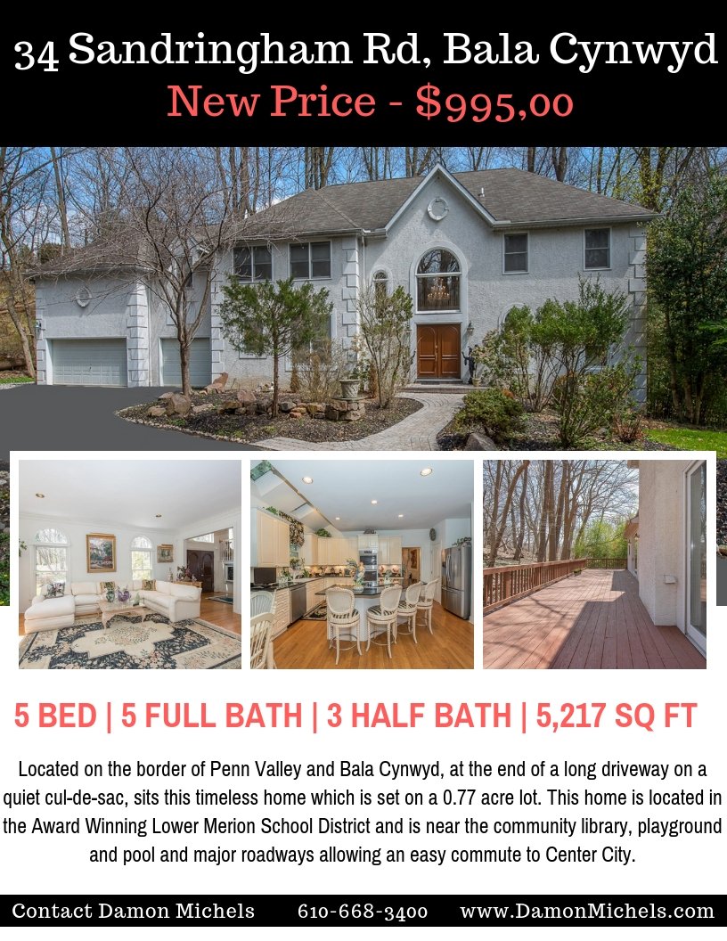 34 Sandringham Rd in #BalaCynwyd has a new price -  $995,000! This wonderful home is waiting to tell its next story. Set on a 0.77 acre lot, this home has a 3-car #garage, #highceilings, #naturallight, great flow for entertaining,  and #walkingdistance to the #BelmontHillsLibrary