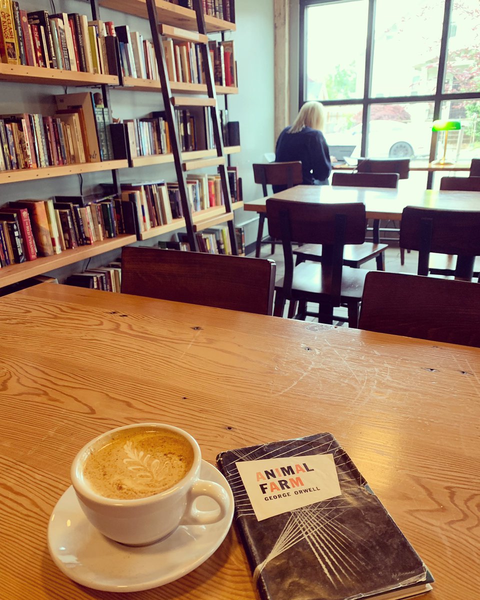 A little light reading for your Thursday morning...Today’s suggested pairing is Animal Farm by George Orwell and a dirty chai. #wouldyoulikesomethingtoreadwiththat? #thestackscoffeehouse #animalfarm #georgeorwell #dirtychai #chailatte #pdxcoffee #portlandcoffee