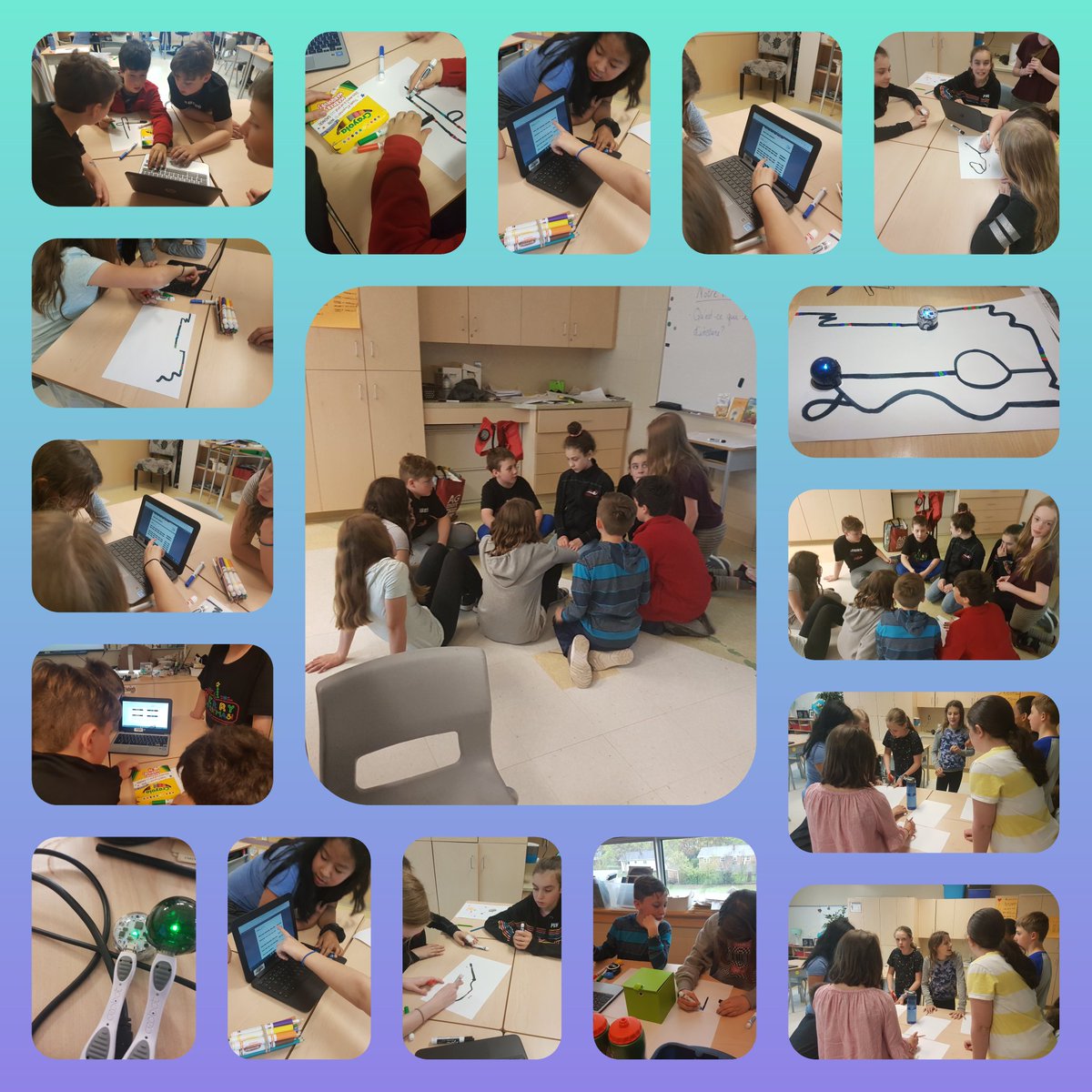 LaceyGallant's tweet photo. Exploring the ozobots after two days of provincial exams! #6cwithMmeLacey #teacherlife #practice #createacity #collaboration @30springpark @carronmccabe @brilliant_labs @EducationPEI @PSBPEI https://t.co/iY81UkBhhL