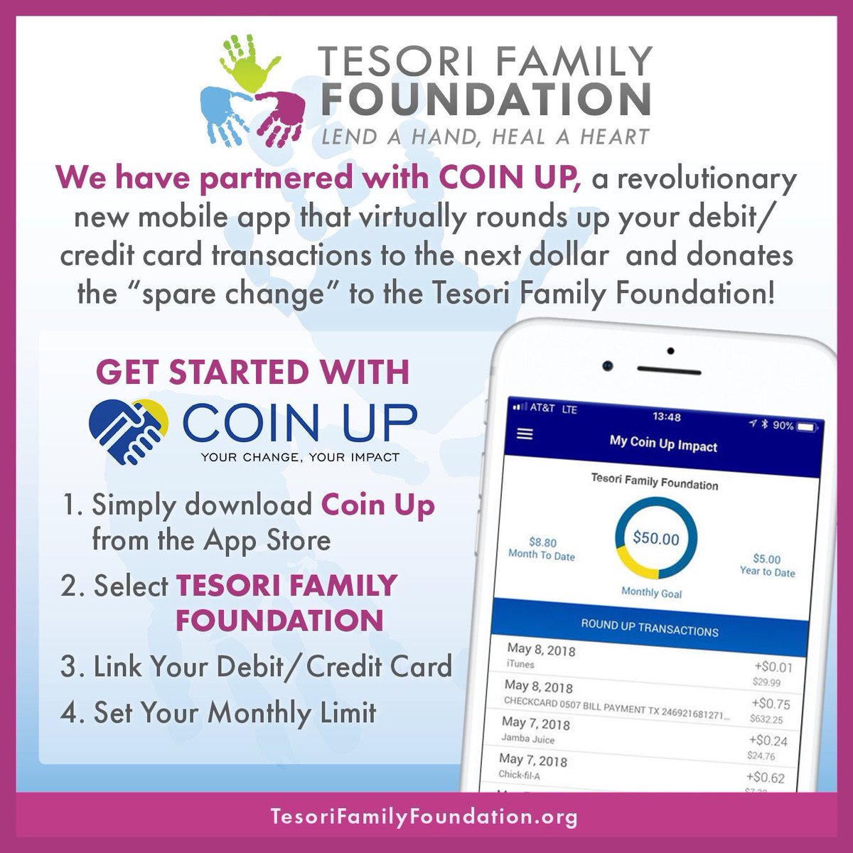 TesoriFamilyFdt's tweet photo. Friends....it’s been a while since we’ve reminded you of a cool and easy way to give back to the foundation - @CoinUpApp rounds ⬆️ your debit/credit card purchases to the next $ and donates the change to us! All funds support our programs such as #buddybaskets #askc and more! https://t.co/oatd1Q0r8u