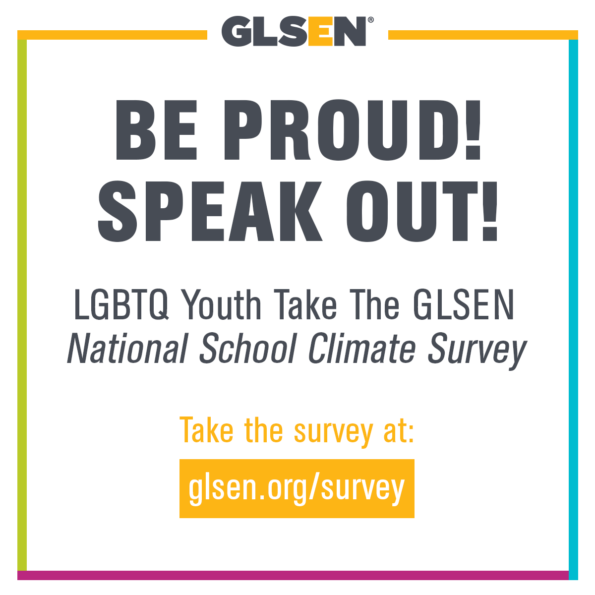 GLSENResearch's tweet photo. Happy Pride month, LGBTQ youth!

Be proud, speak out, and let the world know what school is really like! Take the 2019 National School Climate Survey today.

In English at https://t.co/FvTifX2GZx and Spanish at https://t.co/57nZw8Iwol https://t.co/aDy0MU12S5
