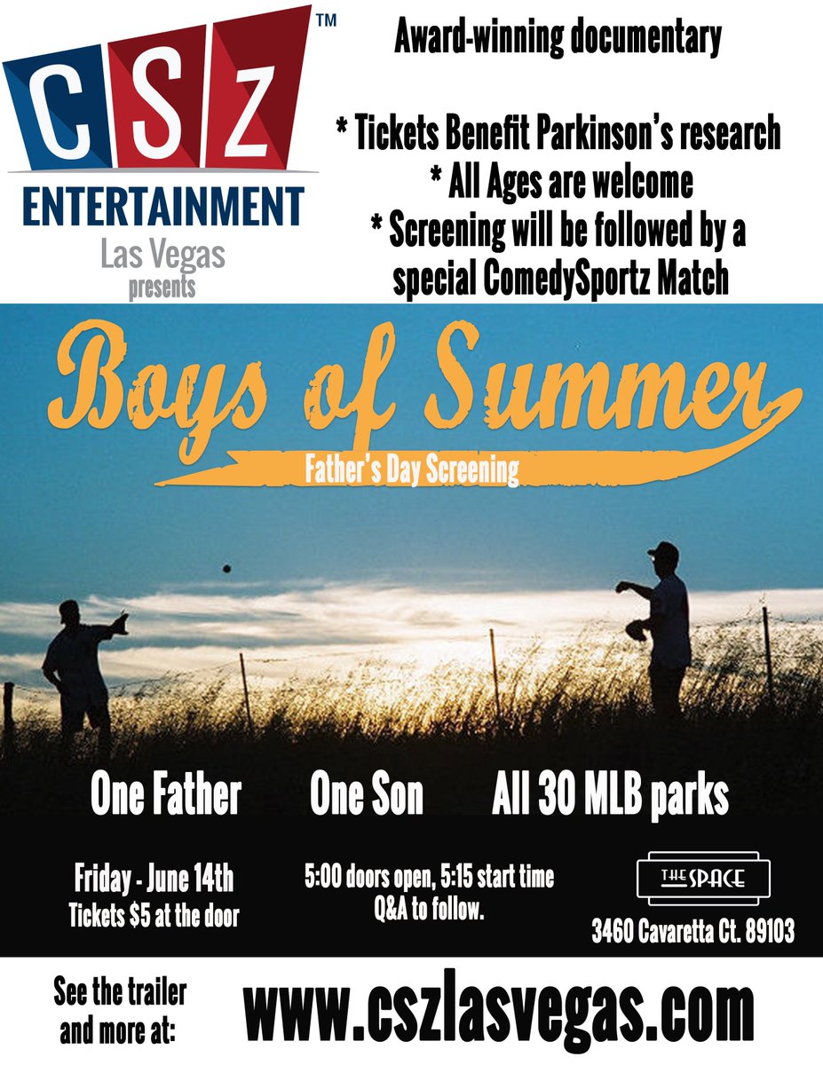 cszlasvegas's tweet photo. #FathersDay is coming! Come see the award-winning, ultimate father and son road trip at @thespacelv! The screening benefits #Parkinsons research and we'll share with you the exciting new developments of how #improvisation benefits PD! https://t.co/jjWf7VsAwY