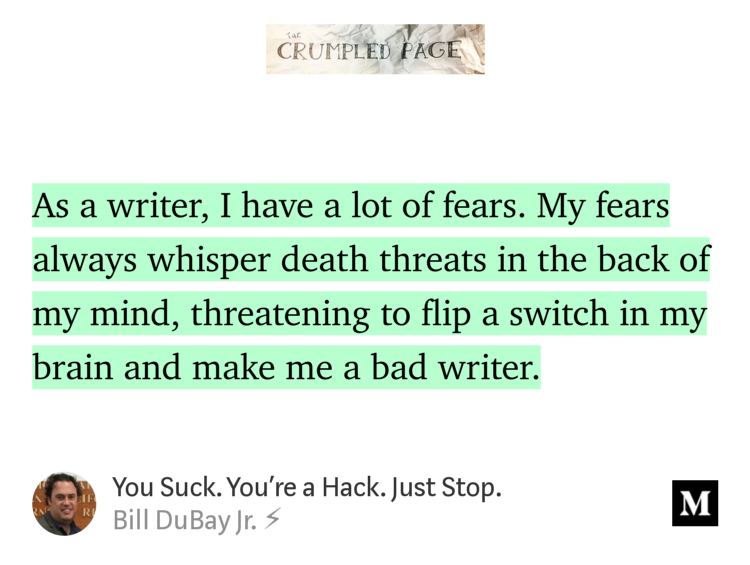 #WritingCommunity, I'm sure we can all relate to this article. "You Suck. You're a Hack. Just Stop." - <a href="/billdubay/">Bill DuBay Jr.</a> #Writing #AmWriting link.medium.com/xDlpUdWTiX