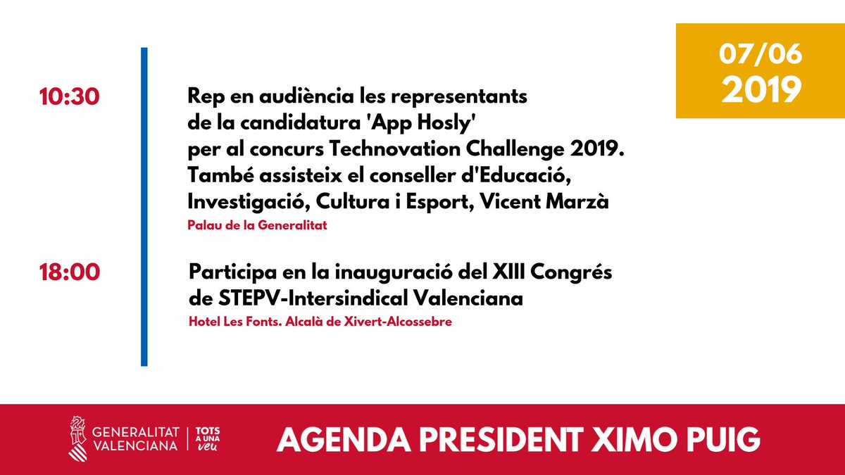 palauGVA's tweet photo. 🗓 Agenda @ximopuig 07/06:
📲 Audiència amb les representants de la candidatura @HoslyA per al concurs #Technovation2019
👥 Inauguració del #XIIICongrésSTEPV de @STEPV_Iv https://t.co/rDGOQDVOsu