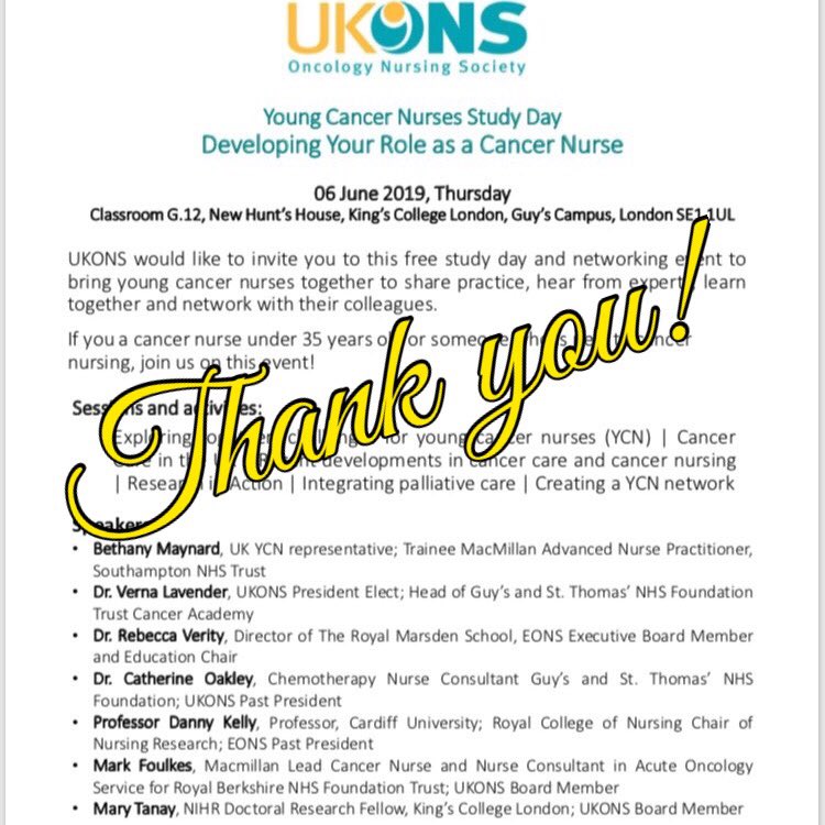 What a great & enjoyable UKONS Young Cancer Nurses event at #GuysCancer today! Thanks to our amazing & inspiring speakers for giving their valuable time to share their knowledge & expertise, Beth for her dedication to keep the #UKONSYCN group going, & our dynamic participants!