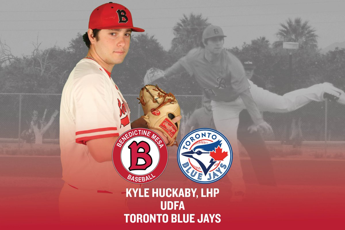 Mesa_Redhawks's tweet photo. BB NEWS: Another milestone for the baseball program, as pitcher Kyle Huckaby became the first BenU Mesa player ever to sign with a Major League club, inking his name with the @BlueJays as an undrafted free agent!: https://t.co/TvsJgziW41 #RisingRedhawks #ProRedhawks @NAIABall https://t.co/TAOa1rNHlQ