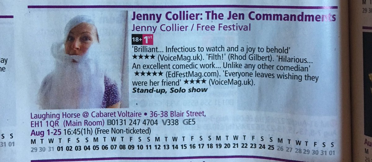 Jenjencollier's tweet photo. Really had to splay the batty crease of the programme to get this photo of my entry. Come to my show! xxx
#edfringe #edinburgh #comedy #standup #scotland #thejencommandments #edfringe2019 #fringe #theatre #cabaretvoltaire #edfringeprogramme #live #gigs #showbiz https://t.co/tBZsYQ7G6t