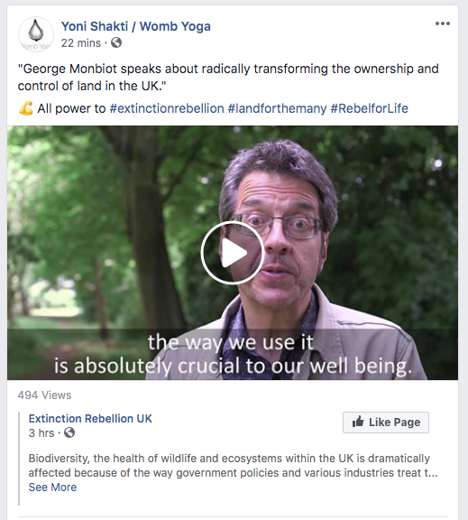 MaryTracy's tweet image. .@GeorgeMonbiot Here&apos;s #LandForTheMany showing up on the &quot;Yoni Shakti / Womb Yoga&quot; Facebook page.
This revolution is bigger than we think. It goes straight to the heart of Patriarchy.