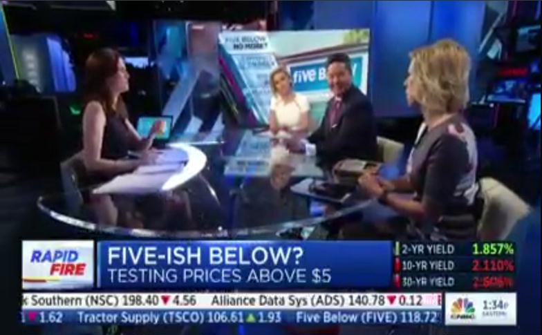They're talking about the company "Five Below" ($FIVE). And laughing.