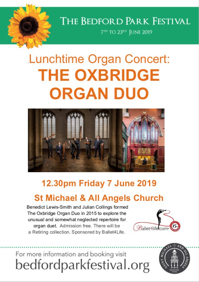BedfordParkFest's tweet photo. Tomorrow, Friday 7 June, 12:30 - free Lunchtime Organ Concert by The Oxbridge Organ Due @oxbridgeorgduo - a great start for the weekend and our Festival! #BPF2019 #Chiswick https://t.co/yCdDfuFsQO