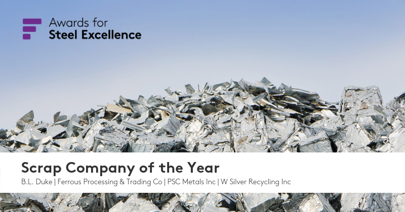 FastmarketsMM's tweet photo. We'd put these 4 companies at the top of any #scrap pile. @BLDukeChicago, @FPTscrap, PSC Metals Inc & W Silver Recycling Inc: You are #SteelExcellenceFAMM nominees! Congratulations. The ceremony is coming up soon. Read about it here: https://t.co/za6NYms3Rz https://t.co/aUk4Yvqg4S