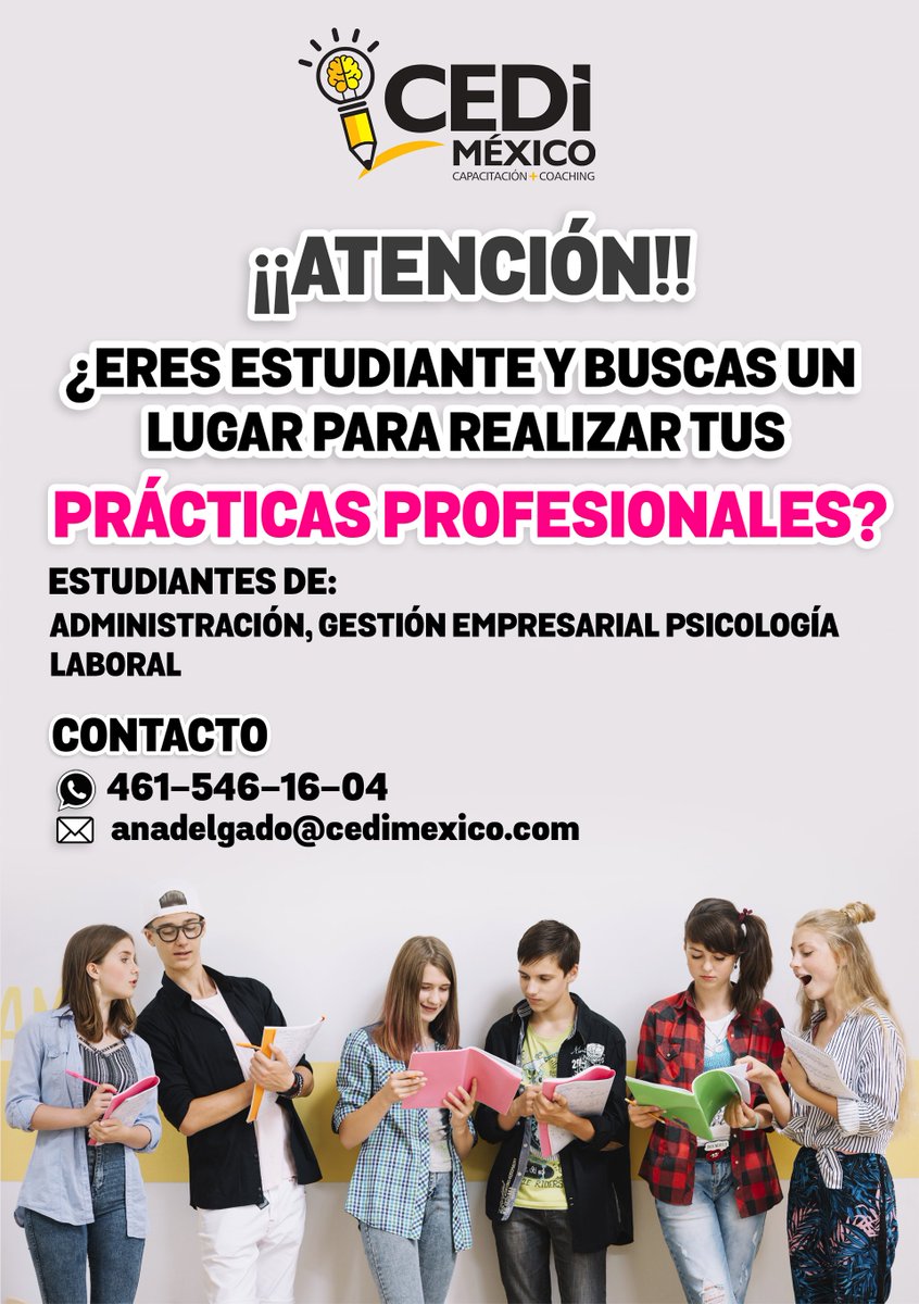 CediMexico's tweet photo. ¡Únete al equipo!
BUSCAMOS PRACTICANTES

Compártenos una reseña sobre ti o tu cv a anadelgado@cedimexico.com

#Practicas #Estudiantes #ServicioProfesional #Administración #GestiónEmpresarial #Psicología #Celaya #EstudiantesCelaya https://t.co/sQttdgXLEL