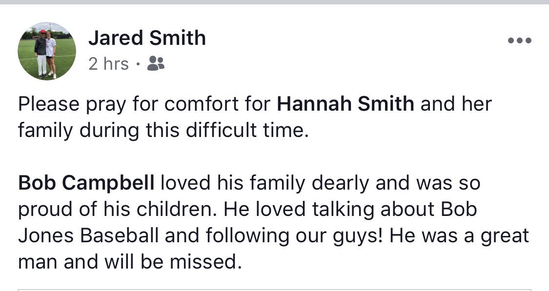 Bob Jones Baseball (@bjhsbaseball) on Twitter photo Please stand with us as we continue to pray for Head Coach Jared Smith’s wife, @hcampbell8, and the entire Campbell family. Please stand with us as we continue to pray for Head Coach Jared Smith’s wife, @hcampbell8, and the entire Campbell family.