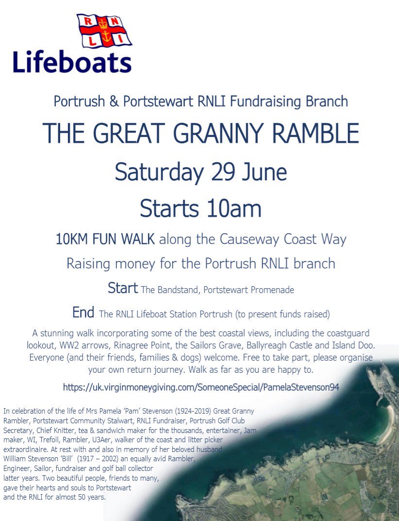 PortstewartProm's tweet photo. The Great Granny Ramble!
10km fun walk from #Portstewart along the Causeway Coastal Way
Saturday 29th June from the Crescent https://t.co/KWXdNFZtxz