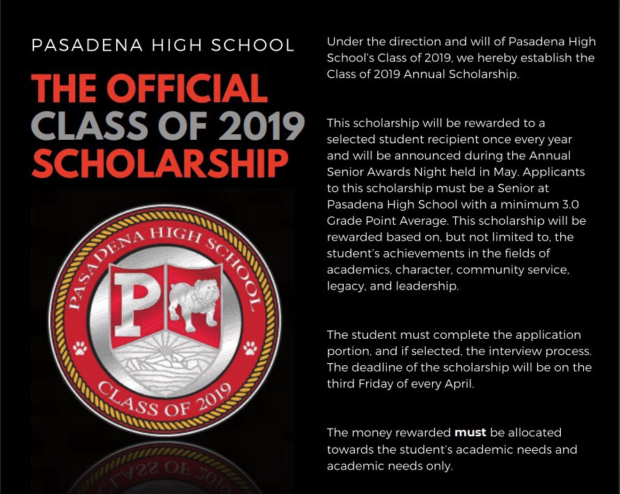PasadenaCO2019's tweet photo. Academics. Character. Community Service. Legacy. Leadership. | The announcement of the Class of 2019 Annual Scholarship. https://t.co/Id0Tbw5bnK