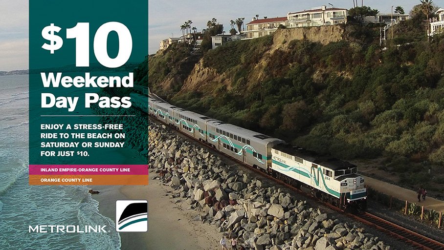 Metrolink's tweet photo. Use Metrolink’s $10 Weekend Day Pass to get to the beach this summer on the Orange County and Inland Empire-Orange County lines to get to San Clemente Beach &amp; Pier and Oceanside Beach! https://t.co/nE8wn5Jvm8