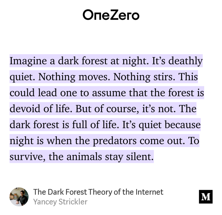 sandrammatic's tweet photo. 👁 "The Dark Forest Theory of the Internet" - @ystrickler https://t.co/2AquLynDUr https://t.co/T3zsgXI96a