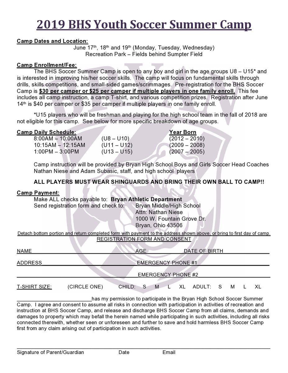 ThKusz's tweet image. Bryan Athletic Summer Camps:
Girls Basketball - June 10-12
Soccer - June 17-19
Boys Basketball/Baseball - June 24-26