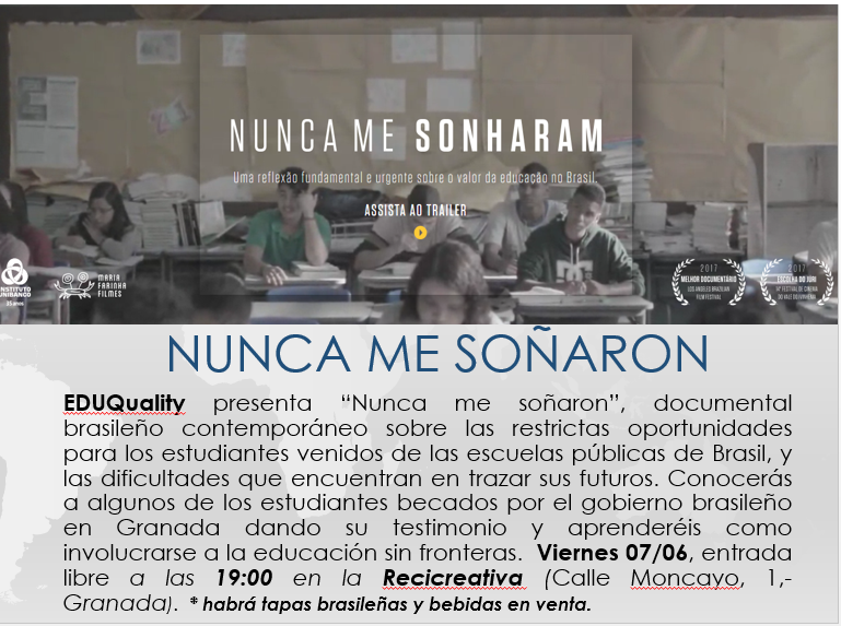 ReciCreativa's tweet photo. El viernes a las 18:30 nos visita #EDUQuality: Proyecto de intercambio de estudiantes del gobierno brasileño. Estudiantes del proyecto nos ofrecerán su testimonio, se proyectará el documental "Nunca me Sonharam" de Cacau Rhoden y habrá tapas y bebidas brasileñas! https://t.co/xZiTcKCvBX