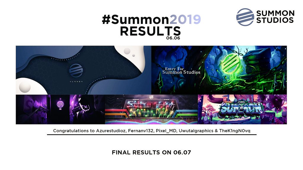 We at Summon Studios are proud to present the first results of #Summon2019.

Please give a warm welcome to @AzureStudioz @fernanv132 <a href="/Pixel_MD/">Pixel MD</a> @UwuTalGraphics @TheK1ngN0vq

Final results will be posted on 06.07 at 9 PM CET. So you still have a chance 😉