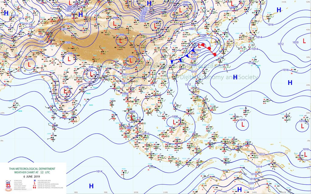 แผนที่อากาศจากกรมอุตุฯ แสดงความกดอากาศระดับผิวพื้น 19:00 หัวค่ำที่ผ่านมา