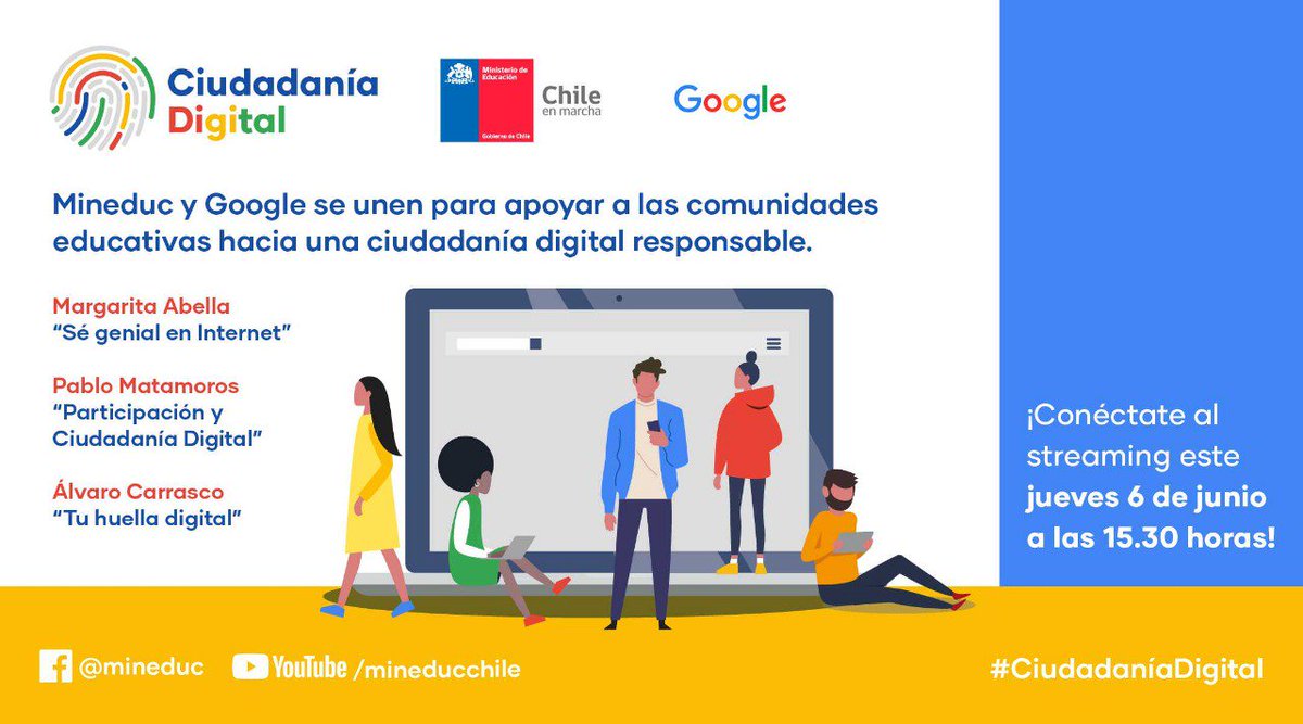 Mineduc's tweet photo. ¡#ChileAprendeMás cuando se abre al mundo digital! 💻
Nos unimos a @GoogleChile para entregar herramientas a las comunidades estudiantiles para el uso ético de la tecnología, informándoles sobre ventajas y riesgos en Seminario #CiudadaníaDigital
EN VIVO: https://t.co/FKZw5BzTuq https://t.co/Q8dbGScntI