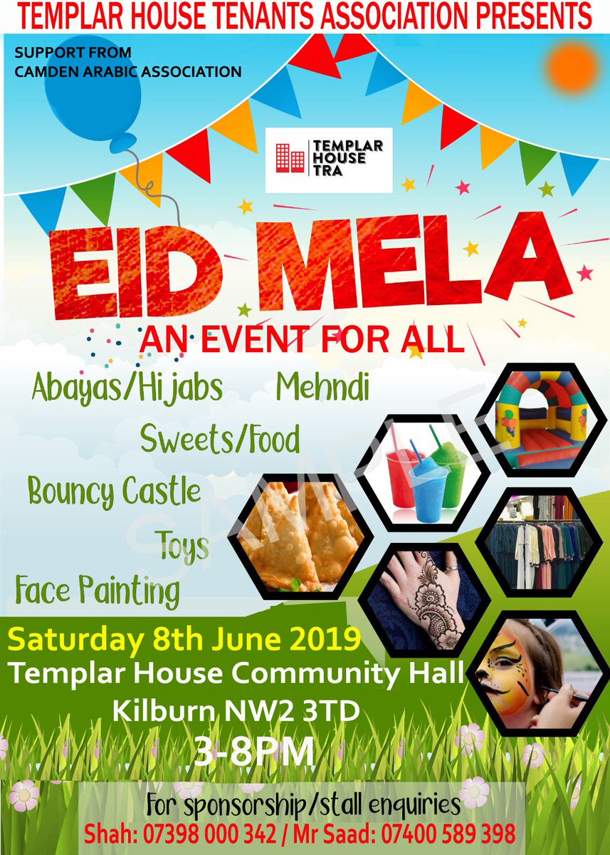 Come join us at the Eid Mela, this Saturday 8th June, at our own back garden. Lots of food, toys &amp; activities. <a href="/Shah_Bey786/">S.K 🅸🆈🅸</a> <a href="/LifeInKilburn/">Life In Kilburn</a> <a href="/FordwychRA/">Fordwych Residents</a> <a href="/MaygroveRoad/">MILAM Residents</a> <a href="/watlinggardens/">Watlinggardens_TMO</a> <a href="/GFriendsNW2/">Garden FriendsNW2</a> <a href="/HampsteadWest/">West Hampstead</a> @cllrritab <a href="/lornajane2/">Lorna Jane Russell</a> <a href="/FlickRea/">Flick Rea  🔶</a> <a href="/Nw6Webheath/">NW6Webheath</a>