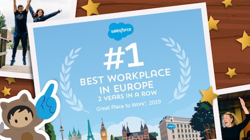 Benioff's tweet photo. Salesforce has been named the #1 Best Workplace in Europe by Great Place to Work. We’re honored by this recognition and know it would not have been possible without our incredibly engaged Ohana who give their best every day!  Thank you Ohana! https://t.co/CrTXRpGodJ