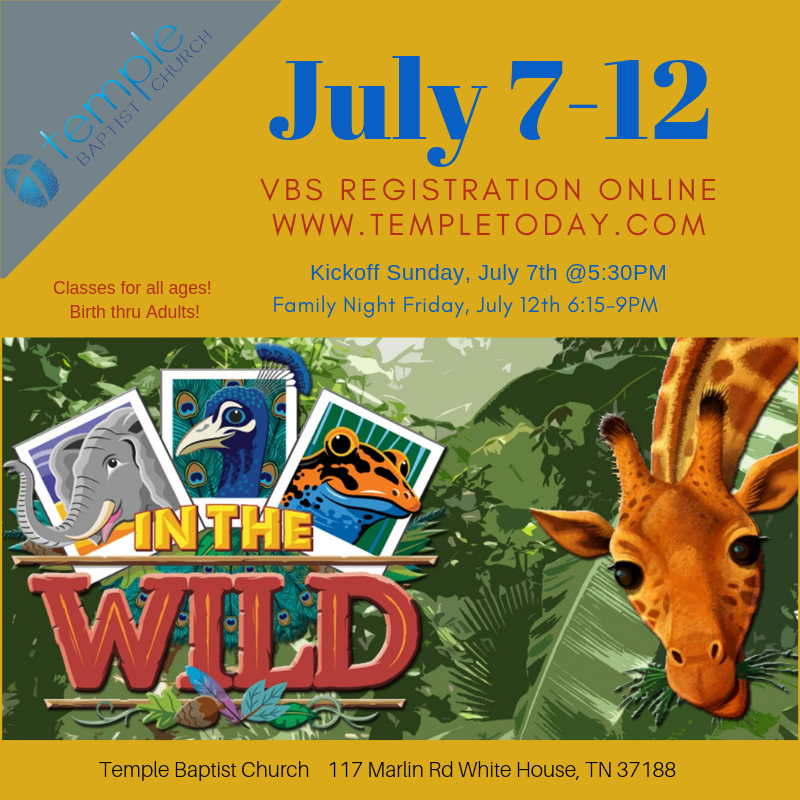 templebaptistwh's tweet photo. VBS is coming! July 7-12 Elephants, Lions and Bears, OH MY!!  Register online at https://t.co/RkjmqhNwB6 https://t.co/uadfm3qIaZ