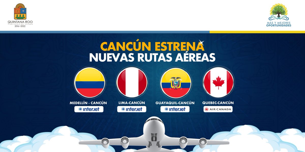 ✈️ Me da gusto comunicarles que #Cancún estrena nuevas llegadas desde #Colombia, #Perú, #Ecuador y #Canadá. Con mayor conectividad aérea, generamos #MásyMejoresOportunidades para el turismo. <a href="/SedeturQROO/">Sría. de Turismo Quintana Roo</a> <a href="/CPTQROO/">Consejo de Promoción Turística de Quintana Roo</a>