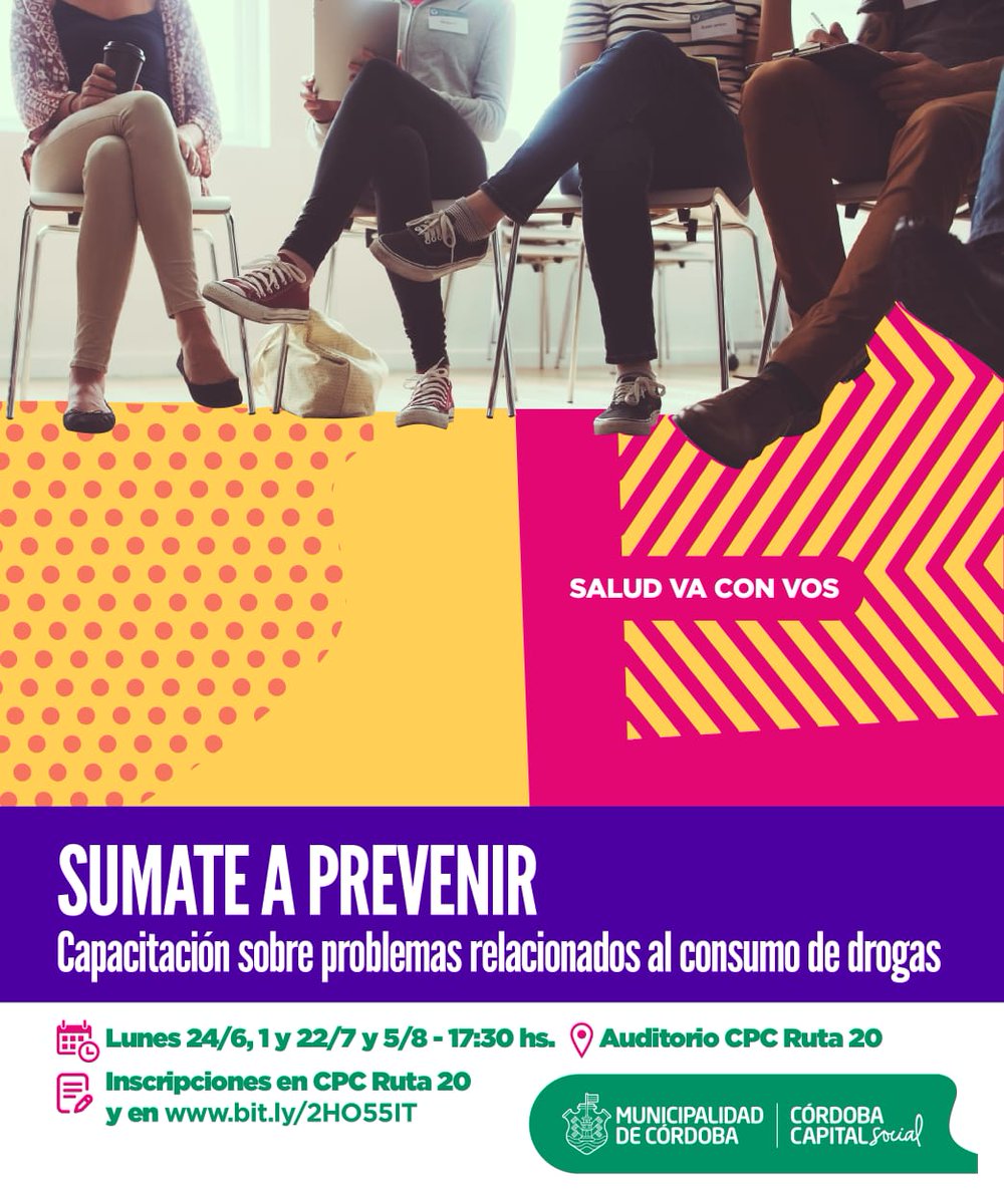 CpcRuta20's tweet photo. La municipalidad d Cba invita a Organizaciones intermedias,  Centros vecinales y vecinos a capacitarte sobre problemáticas relacionadas a los consumos d alcohol y otras drogas.
 📆 lunes 24 de junio (CPC de Ruta 20)  
⏰17:30 a 20:00 Inscribite 👇
         https://t.co/y9kl4S2Hvy https://t.co/1nEHTIOTIY
