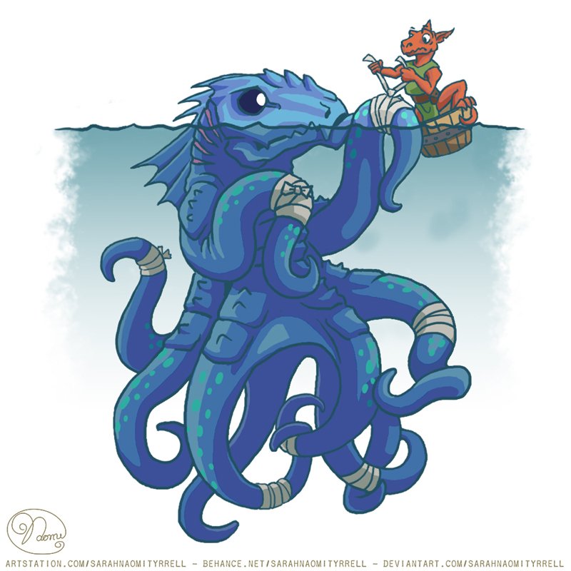 Illustration for a D&D campaign: Destroy an Enemy by Making Them Your Friend.
 🐙❤️🙂
#sarahnaomityrrell #givenofox #dungeonsanddragons #DnD #monsters #kraken #seamonster #kobold #illustration #cartoon #characterdesign #creatureconcept